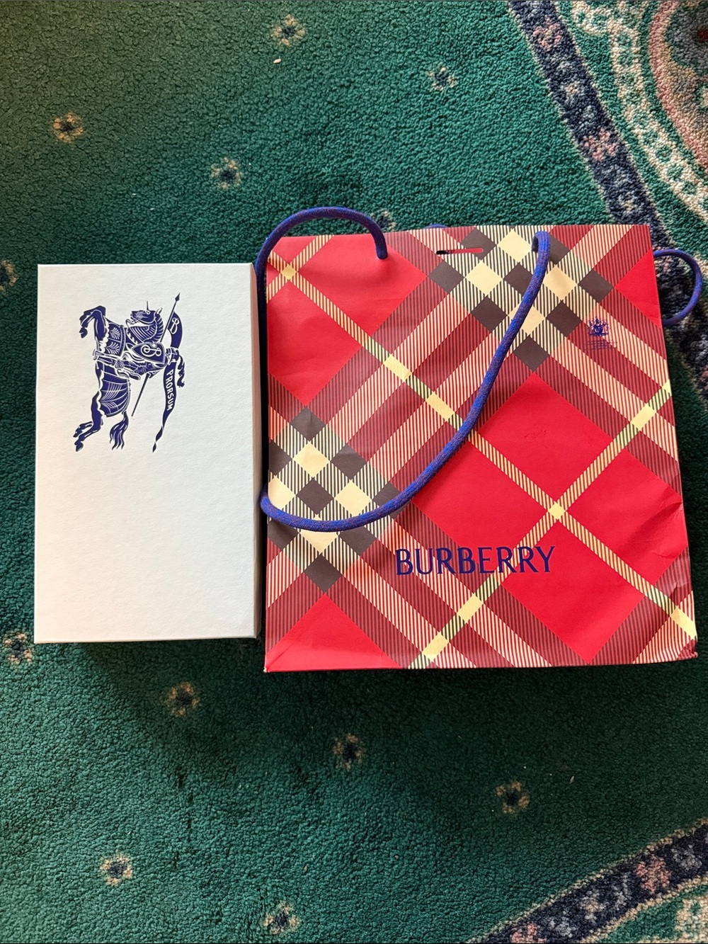 Burberry Red Plaid Gift Bag with Blue Rope Handles and Gold Accents and box